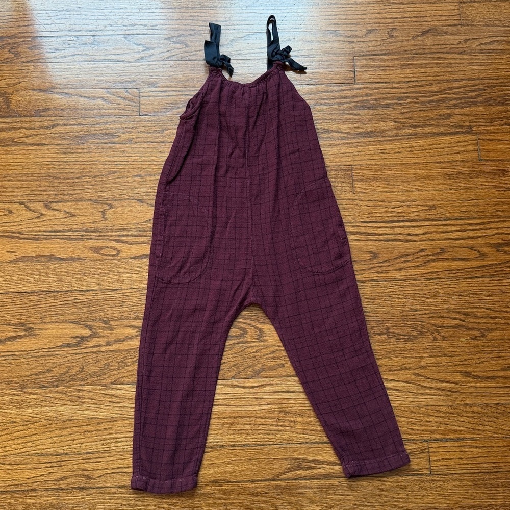 Zara Girls Burgundy Checkered Overalls with Bow Straps